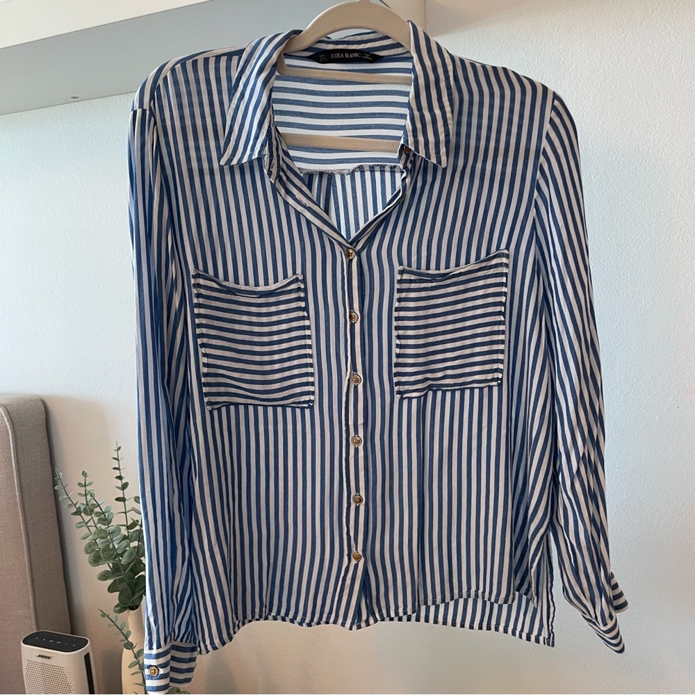 Zara Basic Blue And White Stripped Button Up. Per… - image 1